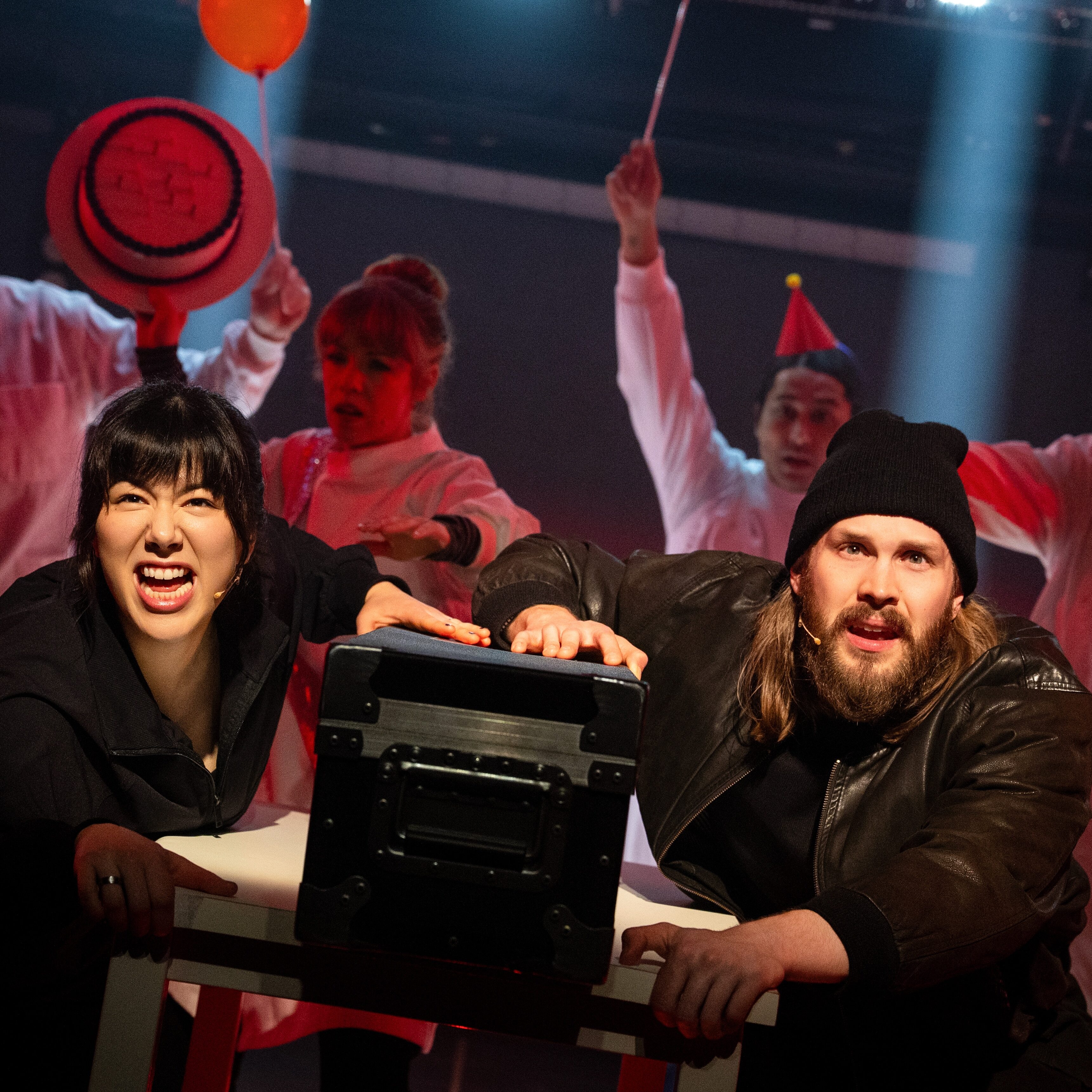 3.Mia Pak (Darius) and Gunnar Manchester (Kenneth) with Preston Truman Boyd, Erin Weaver, Tyler Dobies, and Joshua Morgan in Safety Not Guaranteed at Signature Theatre. Photo by Daniel Rader